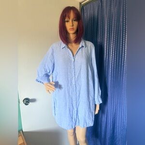 Tahari Essentials 100% Linen Sky Blue Button Front Tunic Shirt 1X Plus Oversized